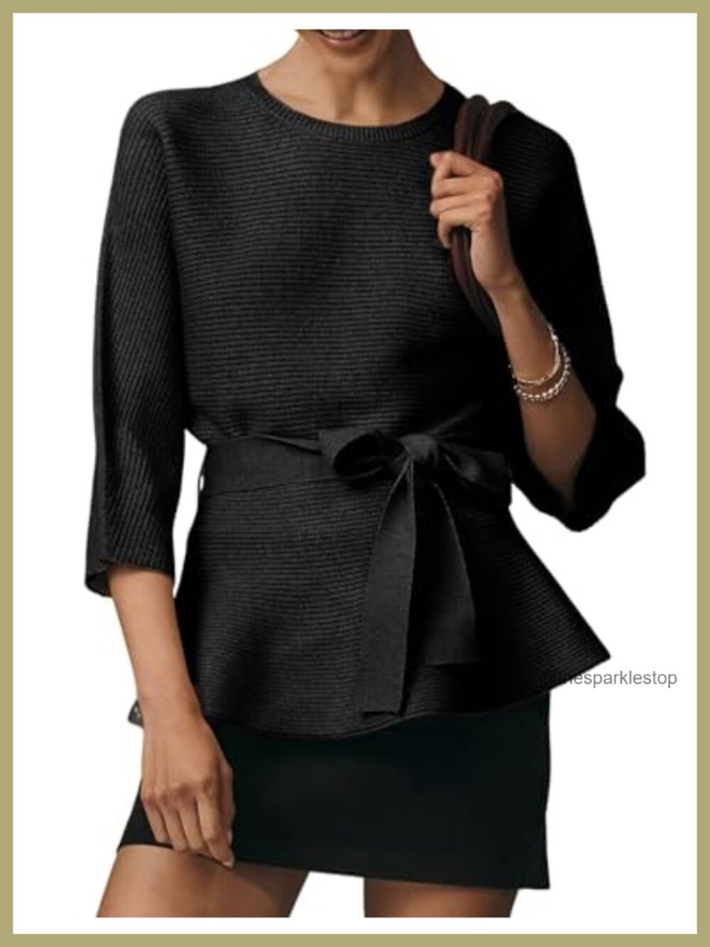 Womens Ribbed Belted Sweater 3/4 Sleeve Crew Neck Pullover Tunic Top